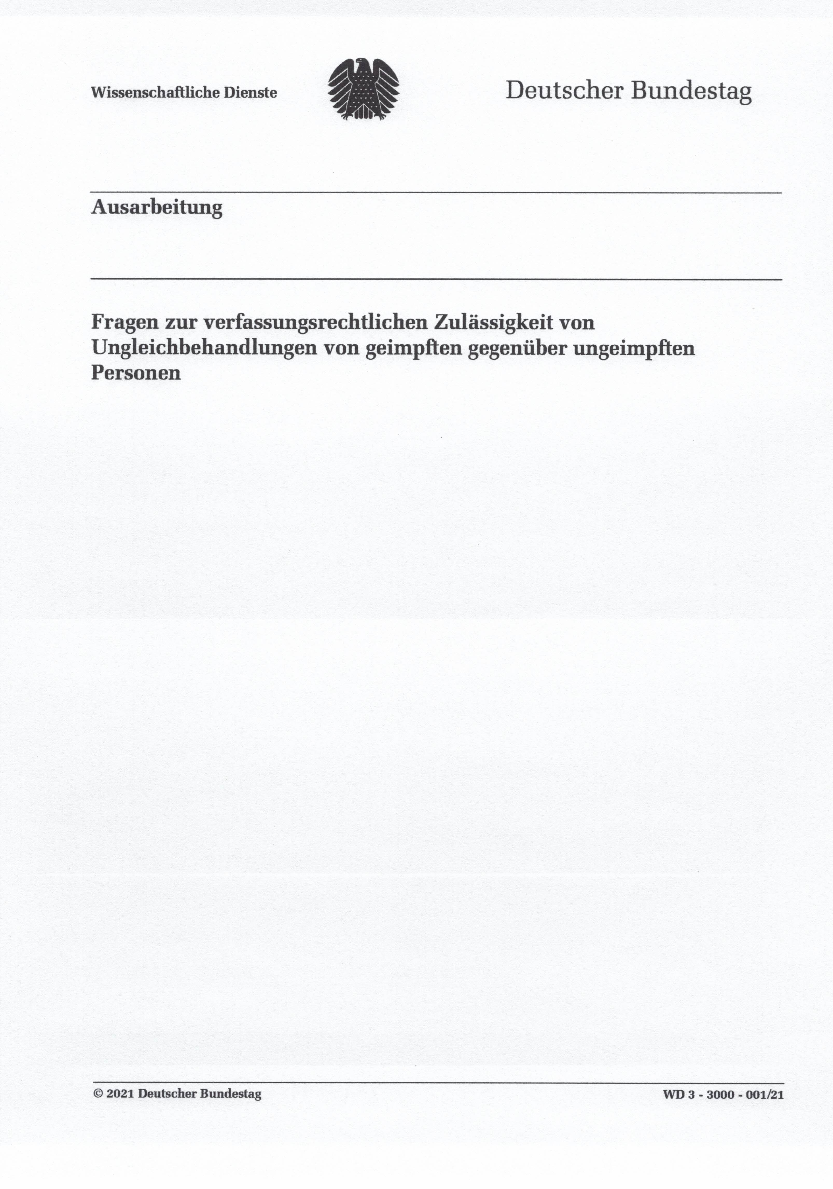 2021 09 06 Ausarbeitung Bundestag Ungleichbehandlung geimpfte vs ungeimpfte Auszge